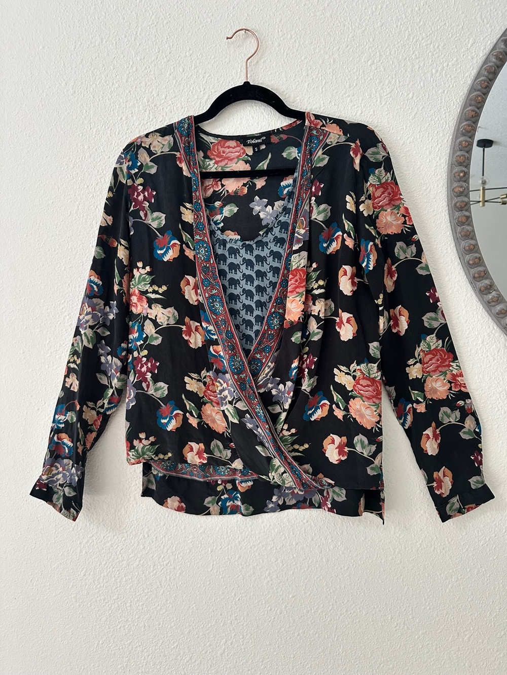 Silk Floral Elephant Print Boho Wrap Blouse
